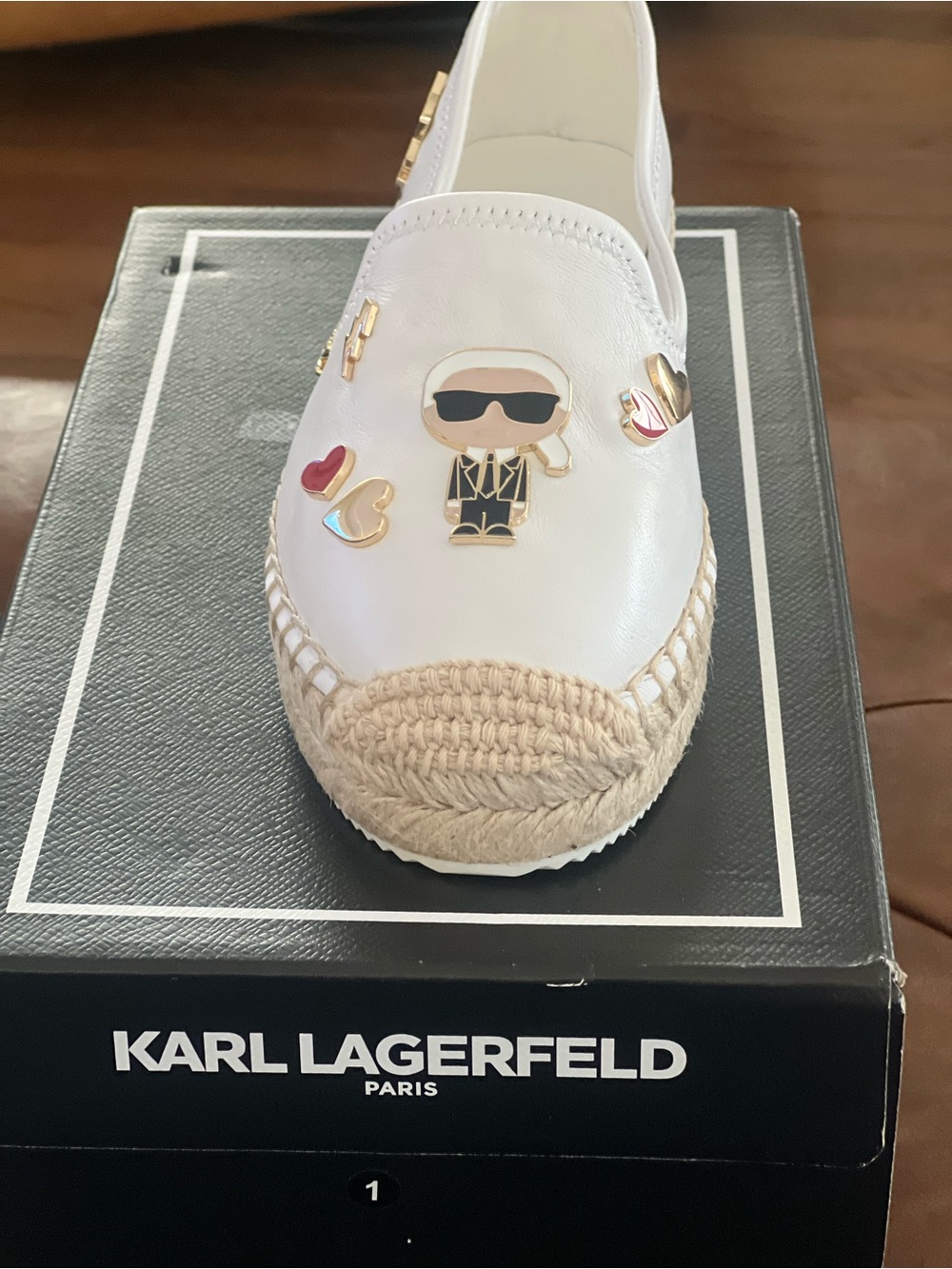 Karl Lagerfeld White Leather Espadrille Slip-On with Gold & Pink Charms